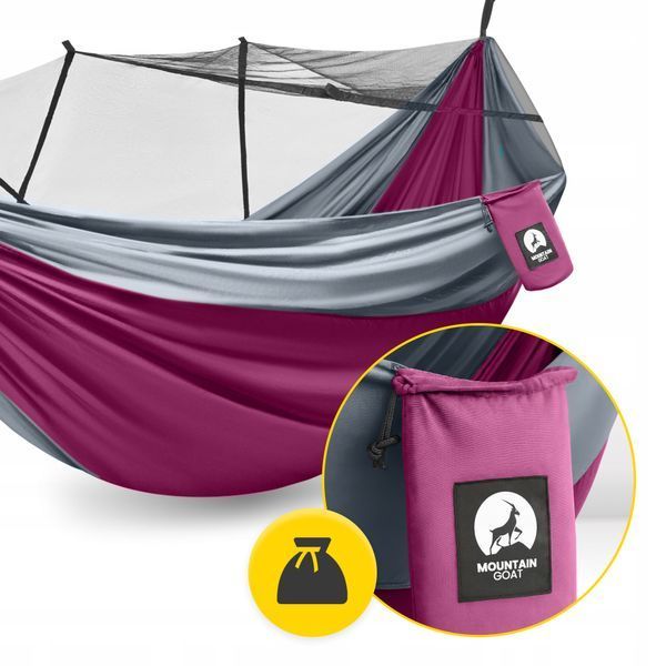 Гамак туристичний Mountain Goat 270 x 140 см з москітною сіткою, одномісний, підвісний Pink/Grey (P-5905973408035) 5945 фото